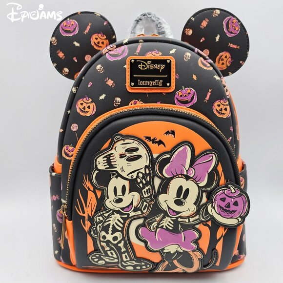 Loungefly Disney Mickey & Minnie Skeleton Glow-in-the-Dark Mini Backpack - Picture 1 of 8